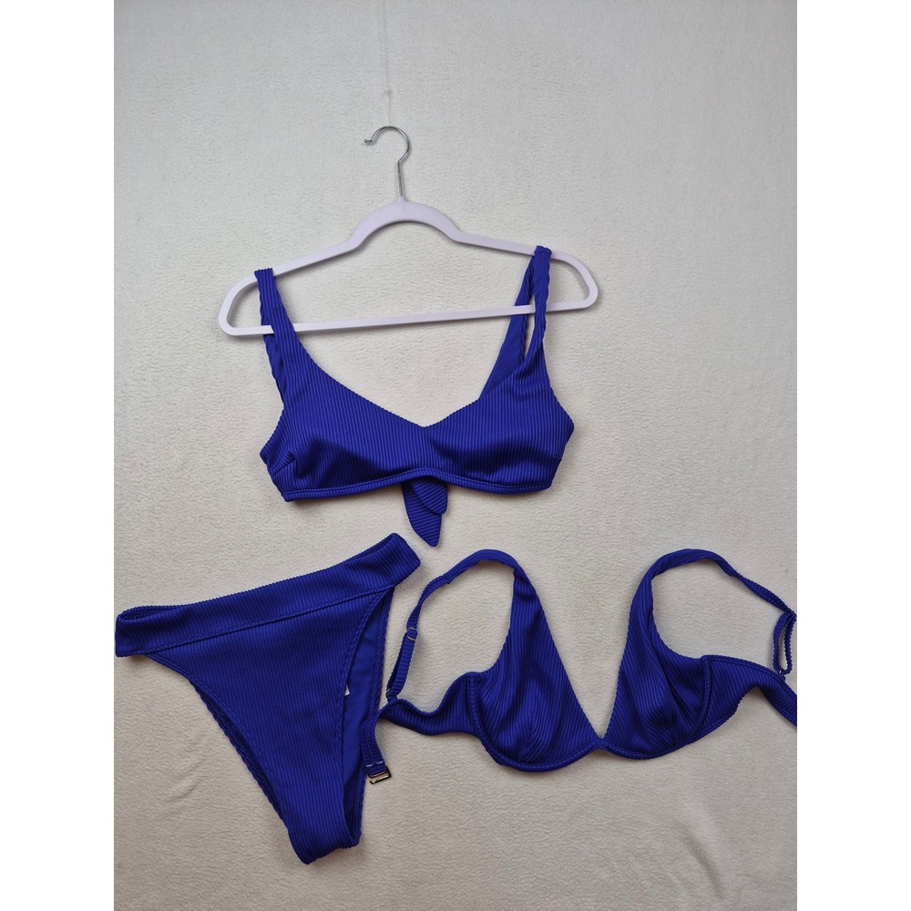 Hollister Bikini Size Small Royal Blue Ribbed 3-Piece Set High Waisted Beach